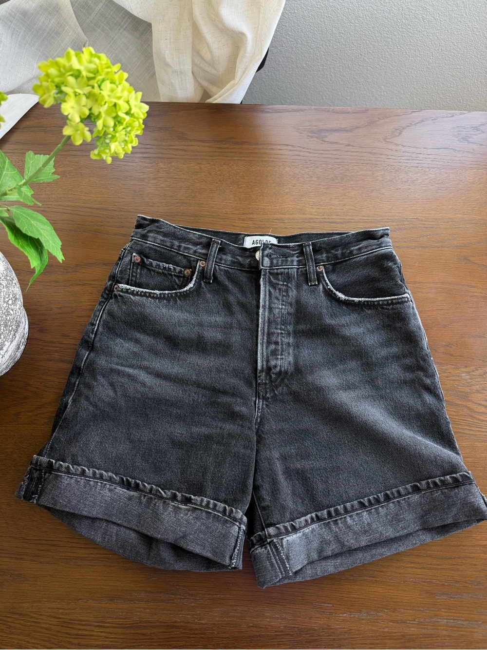 Agolde Washed Black High-Rise Cuffed Denim Shorts